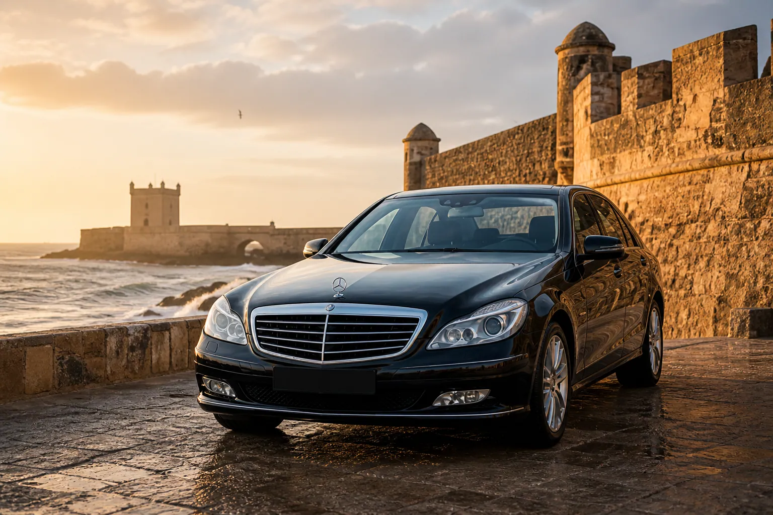 Private transfer vehicle toward El Jadida’s Portuguese ramparts and Atlantic hotels