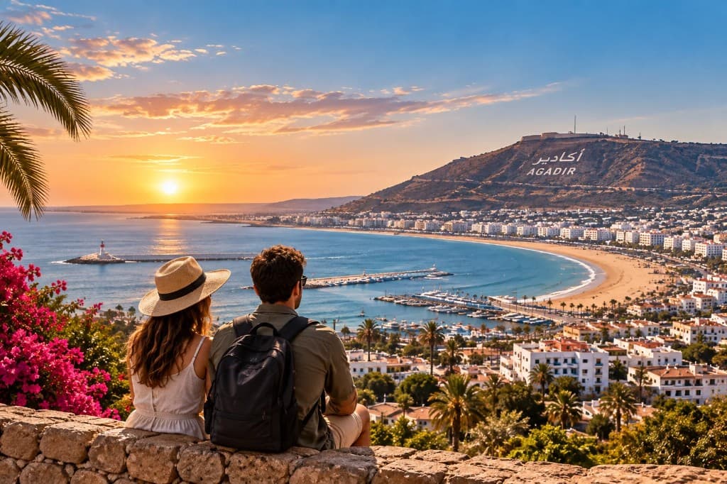 Couple looking over Agadir bay at sunset