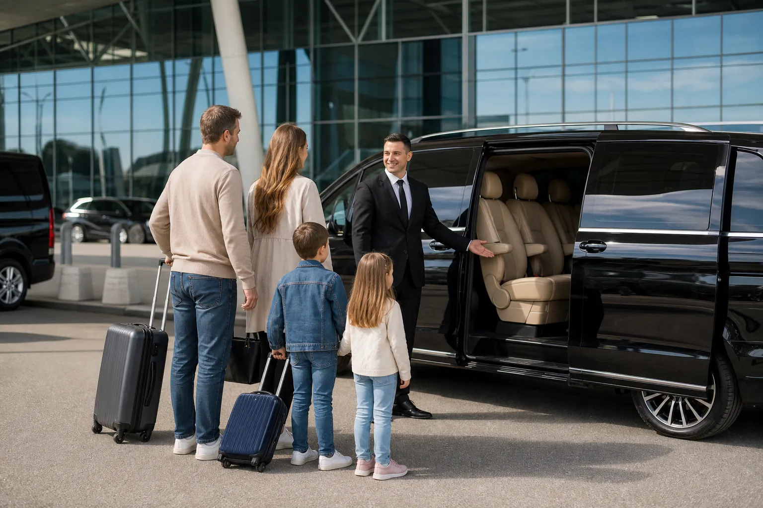 Familia cargando maletas en un van estándar en un aeropuerto de Marruecos