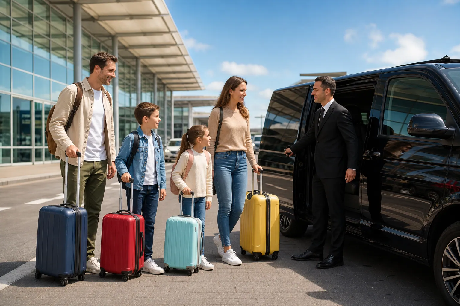Family boarding a private transfer vehicle at a Morocco airport