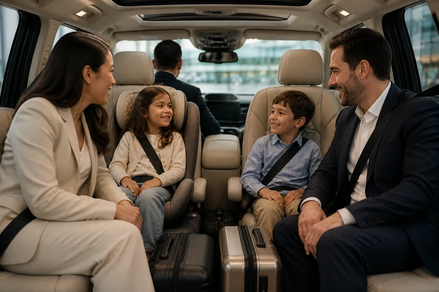 Chauffeur fitting a child seat in a Morocco family transfer minivan