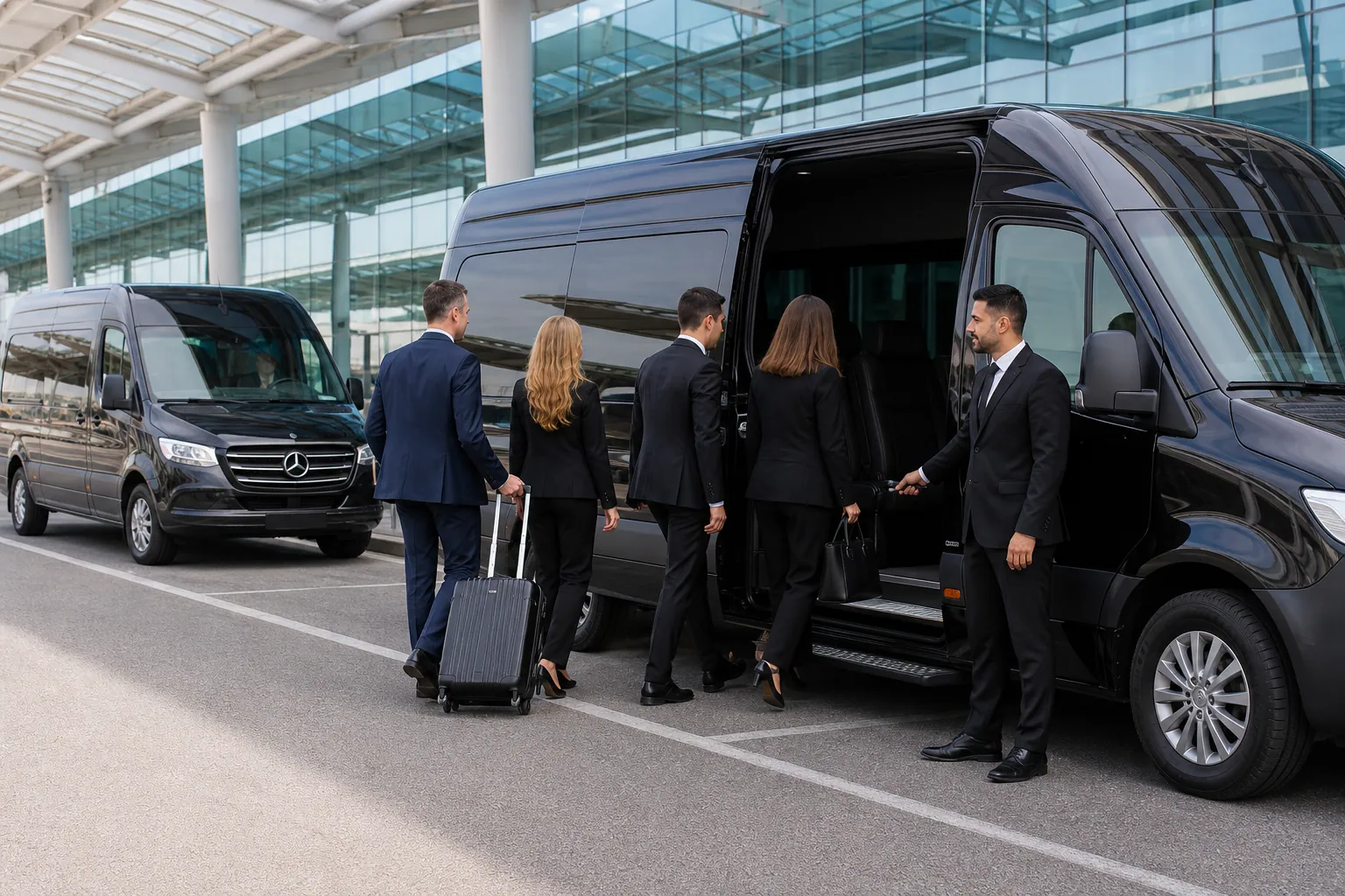Miniván esperando a un grupo de amigos y golfistas en un aeropuerto de Marruecos